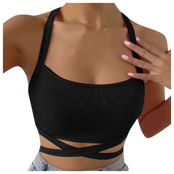 Public Womens Cropped Tank Tops Trendy Ribbed Sleeveless Square Neck Summer Basic Tops Causal Halter Slim Fit Cross Bandage Shirts Black L