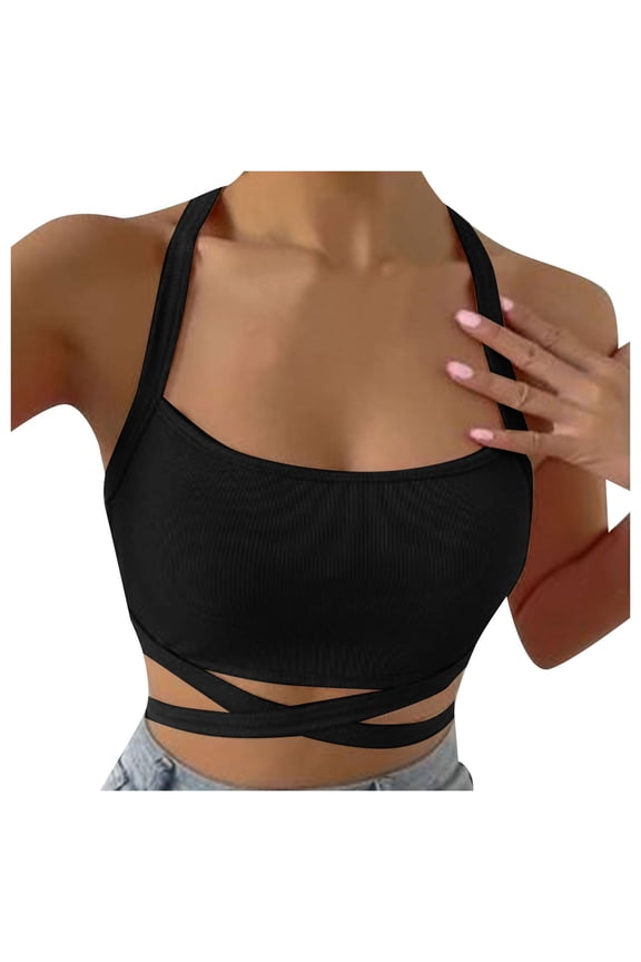 Public Womens Cropped Tank Tops Trendy Ribbed Sleeveless Square Neck Summer Basic Tops Causal Halter Slim Fit Cross Bandage Shirts Black XL