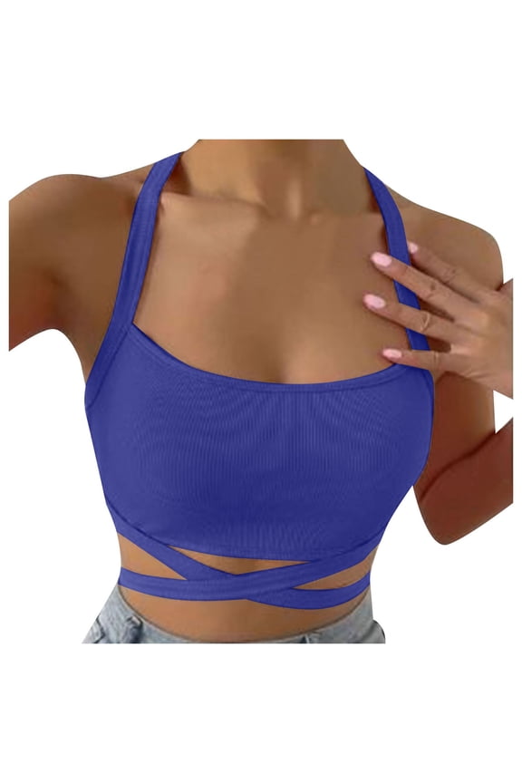 Public Womens Cropped Tank Tops Trendy Ribbed Sleeveless Square Neck Summer Basic Tops Causal Halter Slim Fit Cross Bandage Shirts Blue M