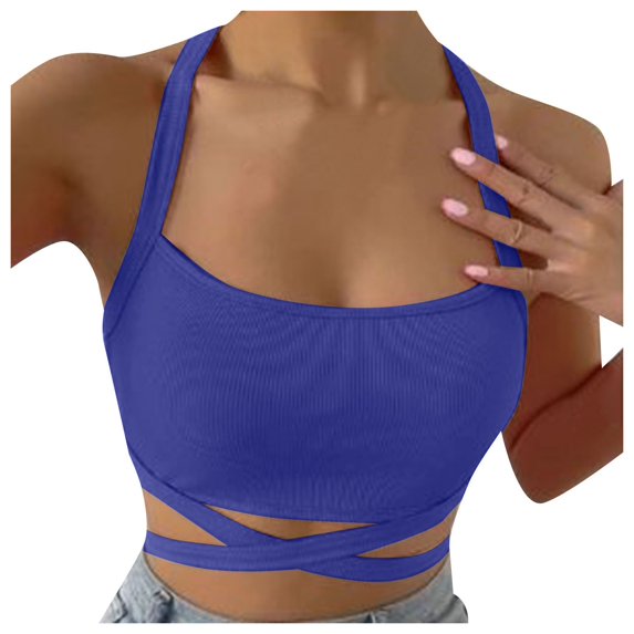 Public Womens Cropped Tank Tops Trendy Ribbed Sleeveless Square Neck Summer Basic Tops Causal Halter Slim Fit Cross Bandage Shirts Blue XS