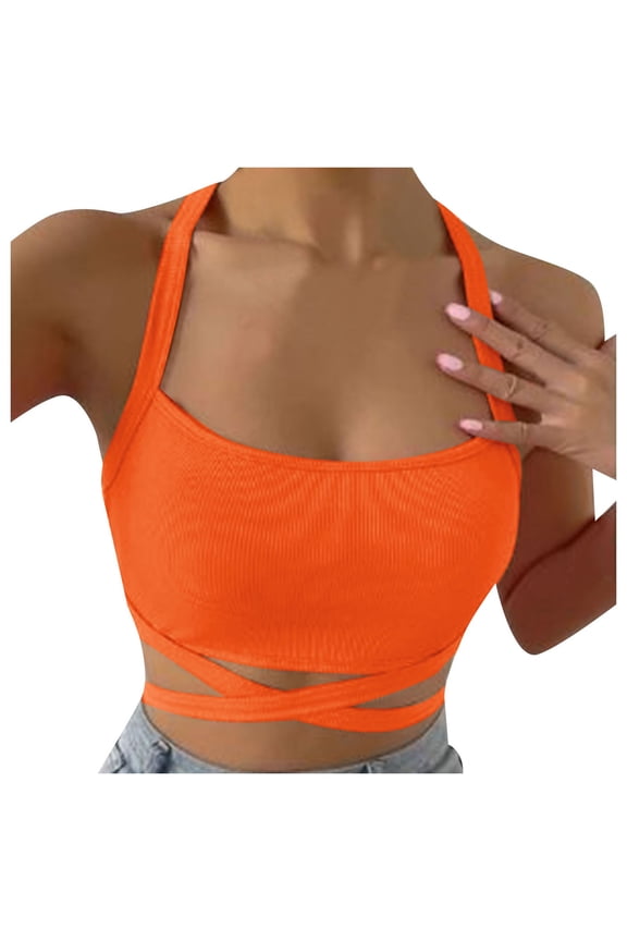 Public Womens Cropped Tank Tops Trendy Ribbed Sleeveless Square Neck Summer Basic Tops Causal Halter Slim Fit Cross Bandage Shirts Orange M