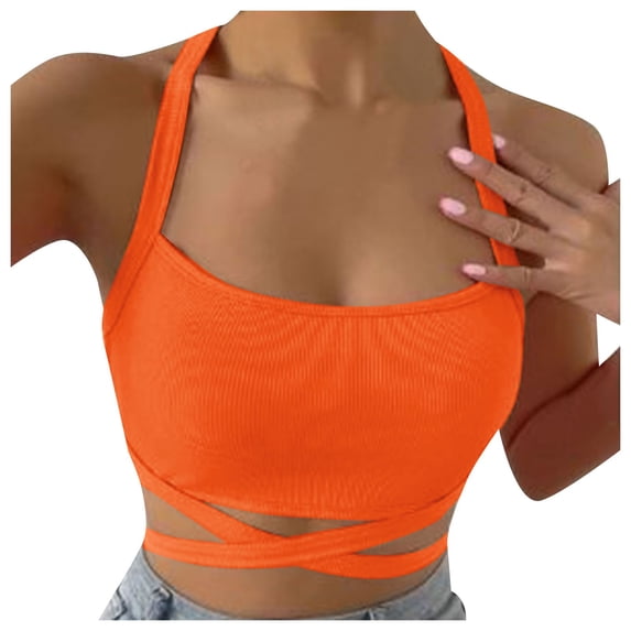 Public Womens Cropped Tank Tops Trendy Ribbed Sleeveless Square Neck Summer Basic Tops Causal Halter Slim Fit Cross Bandage Shirts Orange XL