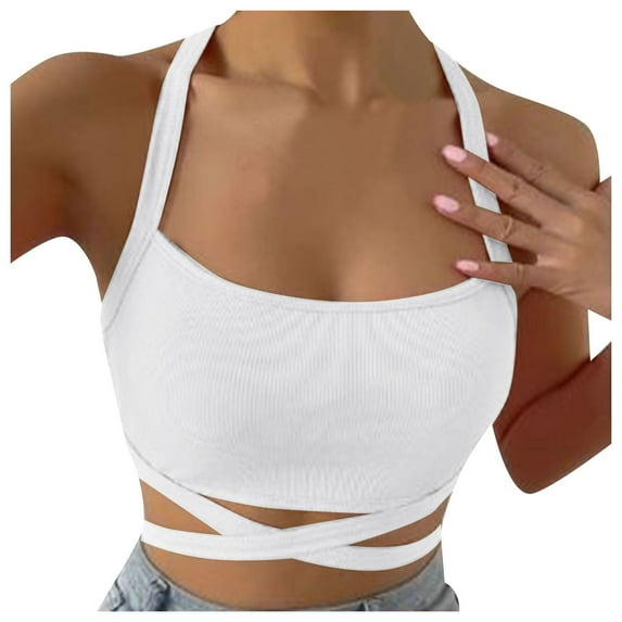 Public Womens Cropped Tank Tops Trendy Ribbed Sleeveless Square Neck Summer Basic Tops Causal Halter Slim Fit Cross Bandage Shirts White S