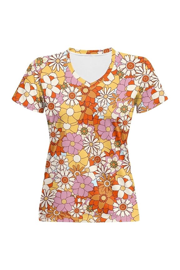 Public Womens Daisy Printed Graphic Tees Plus Size Short Sleeve T-Shirts Causal Crew Neck Loose Fit Tops Shirts Orange L