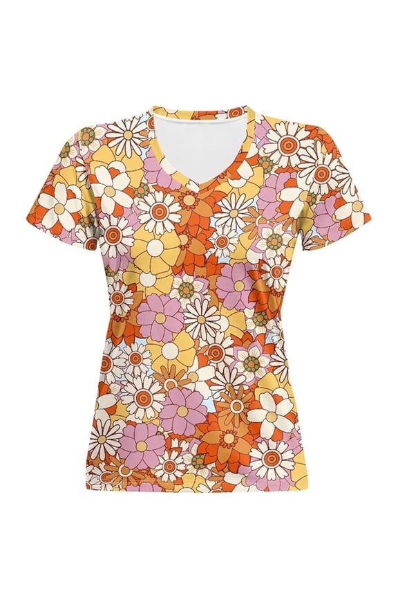 Public Womens Daisy Printed Graphic Tees Plus Size Short Sleeve T-Shirts Causal Crew Neck Loose Fit Tops Shirts Orange XXL