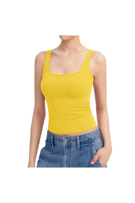 Public Womens Oversized Cropped Tank Tops Trendy Sleeveless Square Neck Summer Basic Tops Causal White Slim Fit T Shirts Yellow XL