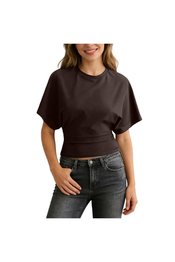 Public Womens Oversized Tops Casual T Shirts Short Sleeve Shirts Crew Neck Summer Batwing Sleeve Tees 2026 Brown XXXXXL