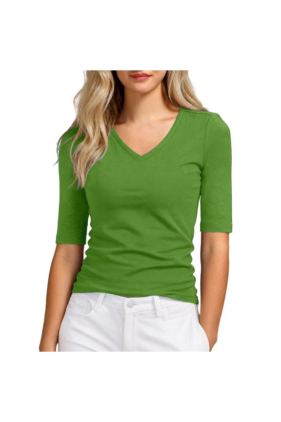 Public Womens Oversized V Neck Tshirts Causal Half Sleeve Slim Fit Summer Tops Solid Tees Shirts Green L