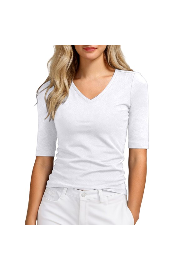 Public Womens Oversized V Neck Tshirts Causal Half Sleeve Slim Fit Summer Tops Solid Tees Shirts White M