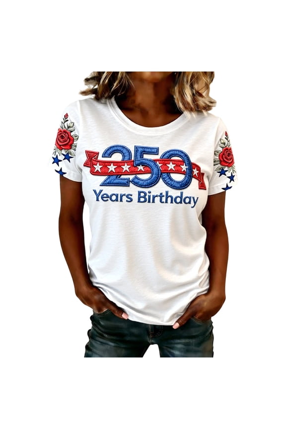 Public Womens Plus Size 250 Years Birthday Printed Graphic Tees Causal Short Sleeve T-Shirts Summer Crew Neck Loose Fit Tops Shirts White L