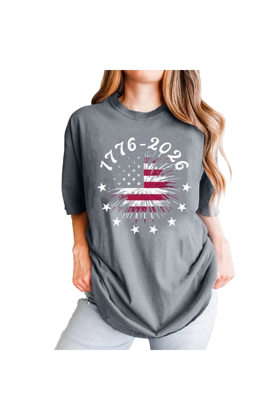 Public Womens Plus Size America 1776-2026 Printed Graphic Tees Causal Short Sleeve T-Shirts Summer Crew Neck Loose Fit Tops Shirts X_Grey S