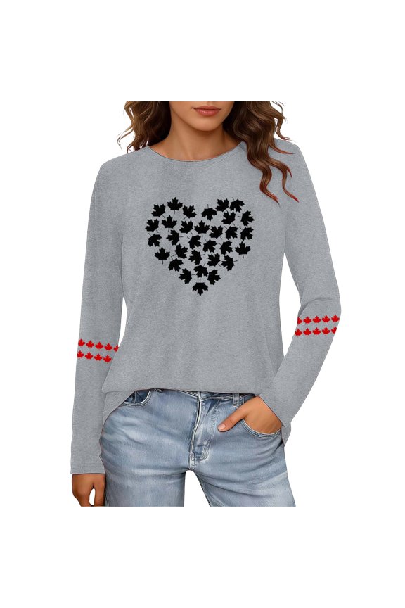Public Womens Plus Size Long Sleeve Graphic Tees Causal Maple Leaf Heart Printed T-Shirts Summer Crew Neck Loose Fit Tops Shirts Grey M