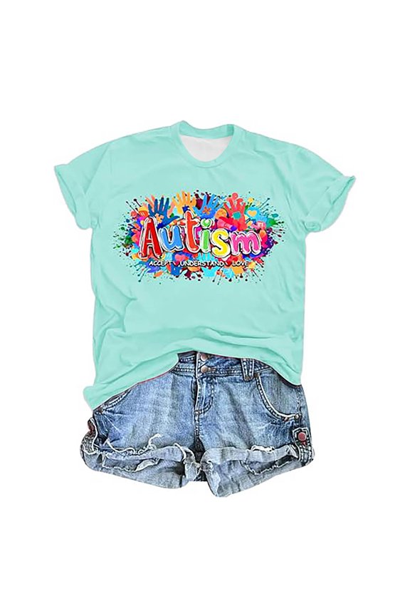 Public Womens Plus Size Short Sleeve Graphic Tees Causal Autism Accept Understand Love Letter Printed T-Shirts Summer Crew Neck Loose Fit Tops Shirts Green XXL