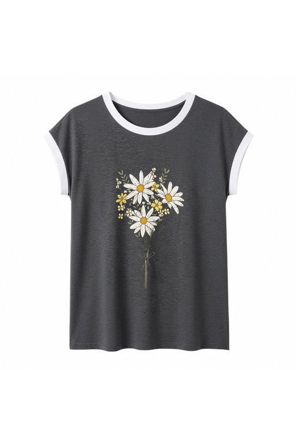 Public Womens Plus Size Short Sleeve Graphic Tees Causal Daisy Printed T-Shirts Summer Crew Neck Loose Fit Tops Shirts Grey M