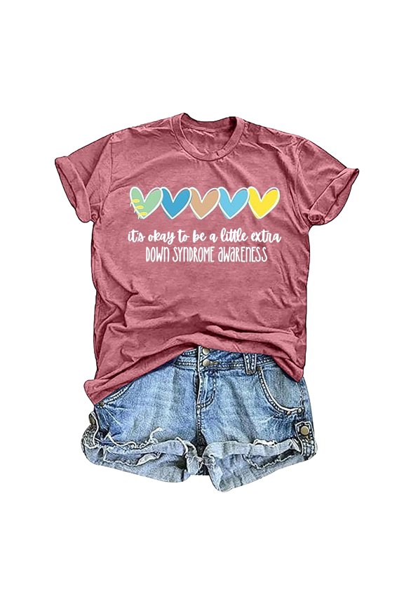 Public Womens Plus Size Short Sleeve Graphic Tees Causal It's Okay to Be a Little Extra down Syndrome Awareness Printed T-Shirts Summer Crew Neck Loose Fit Tops Shirts Red S