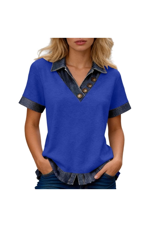 Public Womens Plus Size V Neck Shirts Causal Short Sleeve Loose Fit Summer Tops Button Lapel Color Blocking Tees Tshirts Blue XL