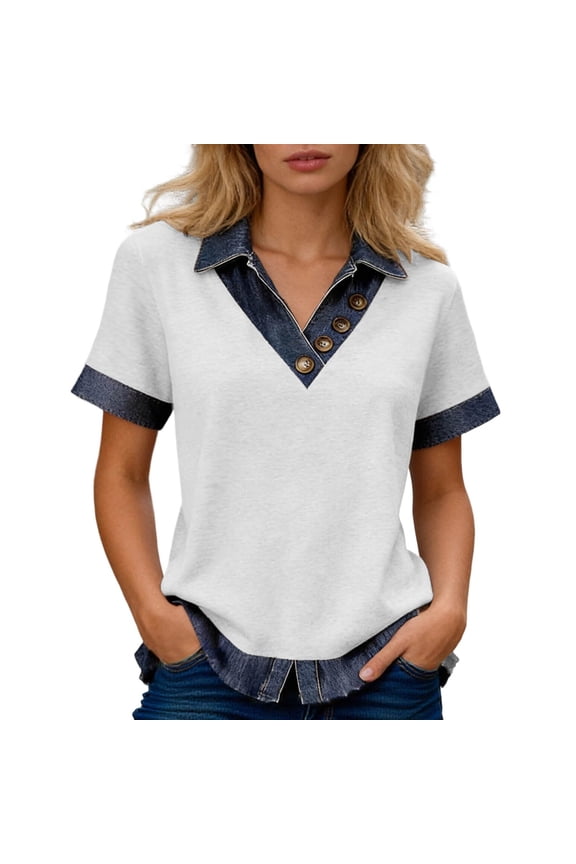 Public Womens Plus Size V Neck Shirts Causal Short Sleeve Loose Fit Summer Tops Button Lapel Color Blocking Tees Tshirts White S