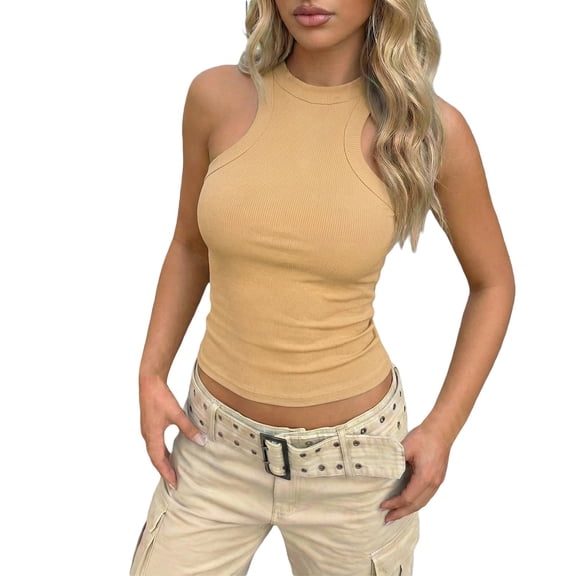 Public Womens Racerback Ribbed Tank Tops Causal Sleeveless Turtleneck T Shirts Summer Slim Fit Solid Tops Yellow S