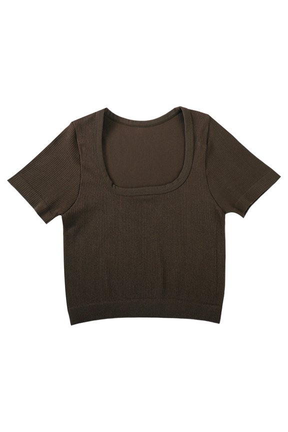Public Womens Short Sleeve Cropped Tshirts Causal Ribbed Square Neck Slim Fit Tops Yoga Running Workout Gym Tees Shirts Brown L