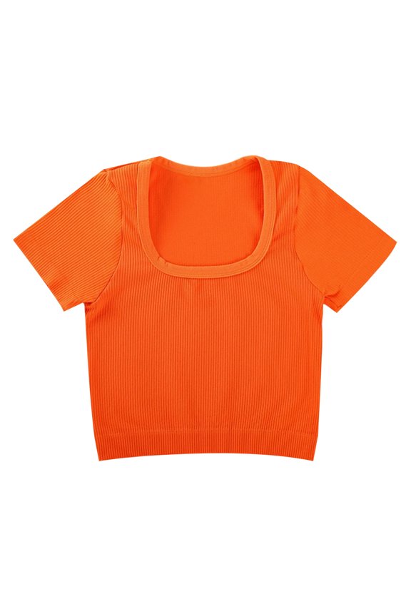 Public Womens Short Sleeve Cropped Tshirts Causal Ribbed Square Neck Slim Fit Tops Yoga Running Workout Gym Tees Shirts Orange L