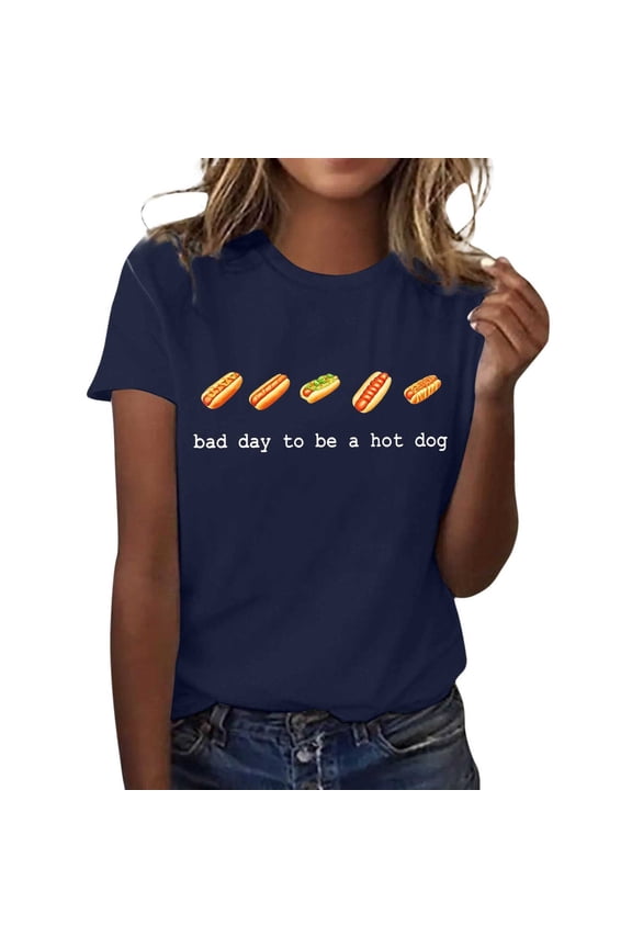 Public Womens Short Sleeve Graphic Tees Causal Bad Day to Be a Hot Dog Letter Printed Sleeve T-Shirts Summer Crew Neck Loose Fit Tops Shirts Black XXL