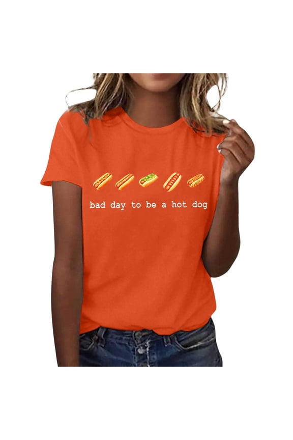 Public Womens Short Sleeve Graphic Tees Causal Bad Day to Be a Hot Dog Letter Printed Sleeve T-Shirts Summer Crew Neck Loose Fit Tops Shirts Orange L