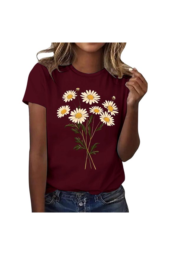 Public Womens Short Sleeve Graphic Tees Causal Floral Printed T-Shirts Summer Crew Neck Loose Fit Tops Shirts Brick Red S