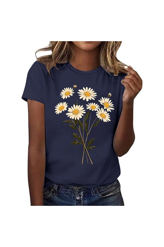 Public Womens Short Sleeve Graphic Tees Causal Floral Printed T-Shirts Summer Crew Neck Loose Fit Tops Shirts Navy S