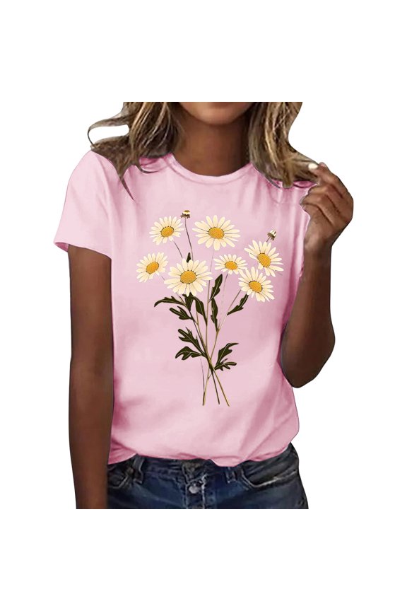 Public Womens Short Sleeve Graphic Tees Causal Floral Printed T-Shirts Summer Crew Neck Loose Fit Tops Shirts Pink XXL
