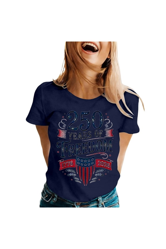 Public Womens Short Sleeve Graphic Tees Plus Size Causal Crew Neck 250 Years of Freedom Printed T-Shirts Summer Loose Fit Tops Shirts Navy XL