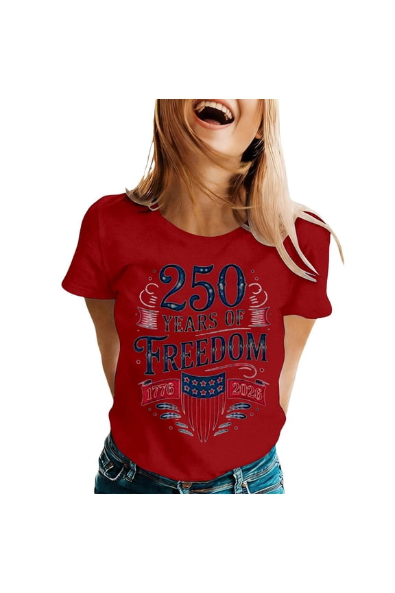 Public Womens Short Sleeve Graphic Tees Plus Size Causal Crew Neck 250 Years of Freedom Printed T-Shirts Summer Loose Fit Tops Shirts Red XXL
