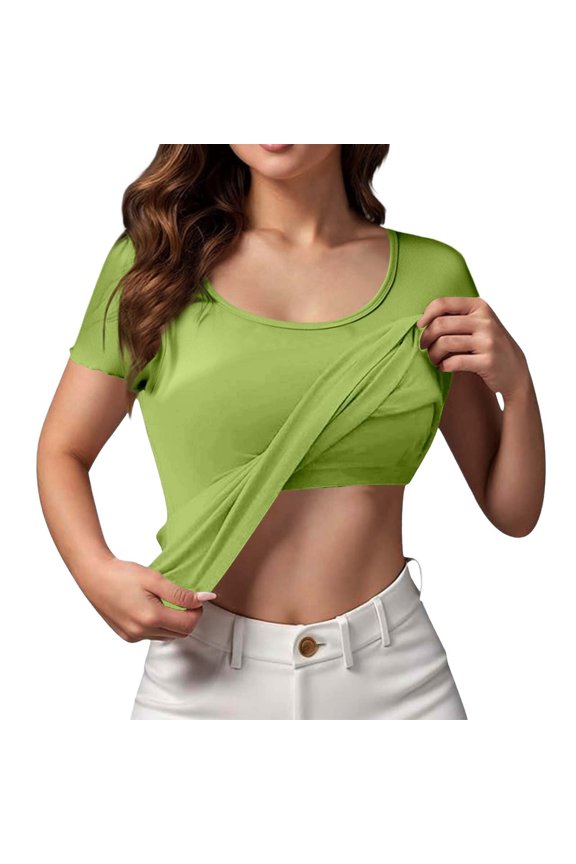 Public Womens Short Sleeve T Shirts with Built in Bra Plus Size Loose Fit Crew Neck Summer Tops Causal Solid Basic Tees Green M
