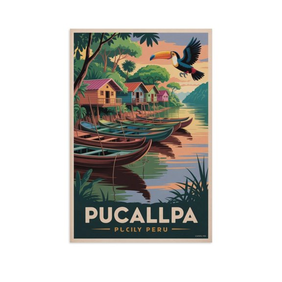 Pucallpa Peru Vintage City Travel Poster with Jungle River And Floating Houses Print Poster