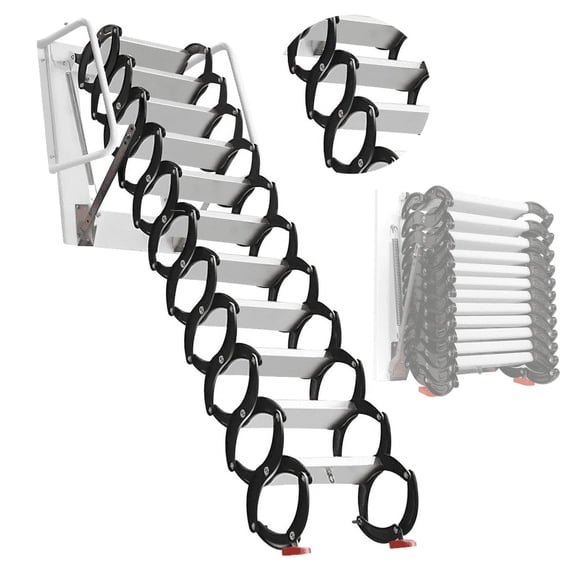 Puches Attic Ladder Pull Down System, Ti-Mg Alloy 1200lbs Load, Foldable Height Adjust, Wall-Mounted Attic Ladder, for Attic, Garage