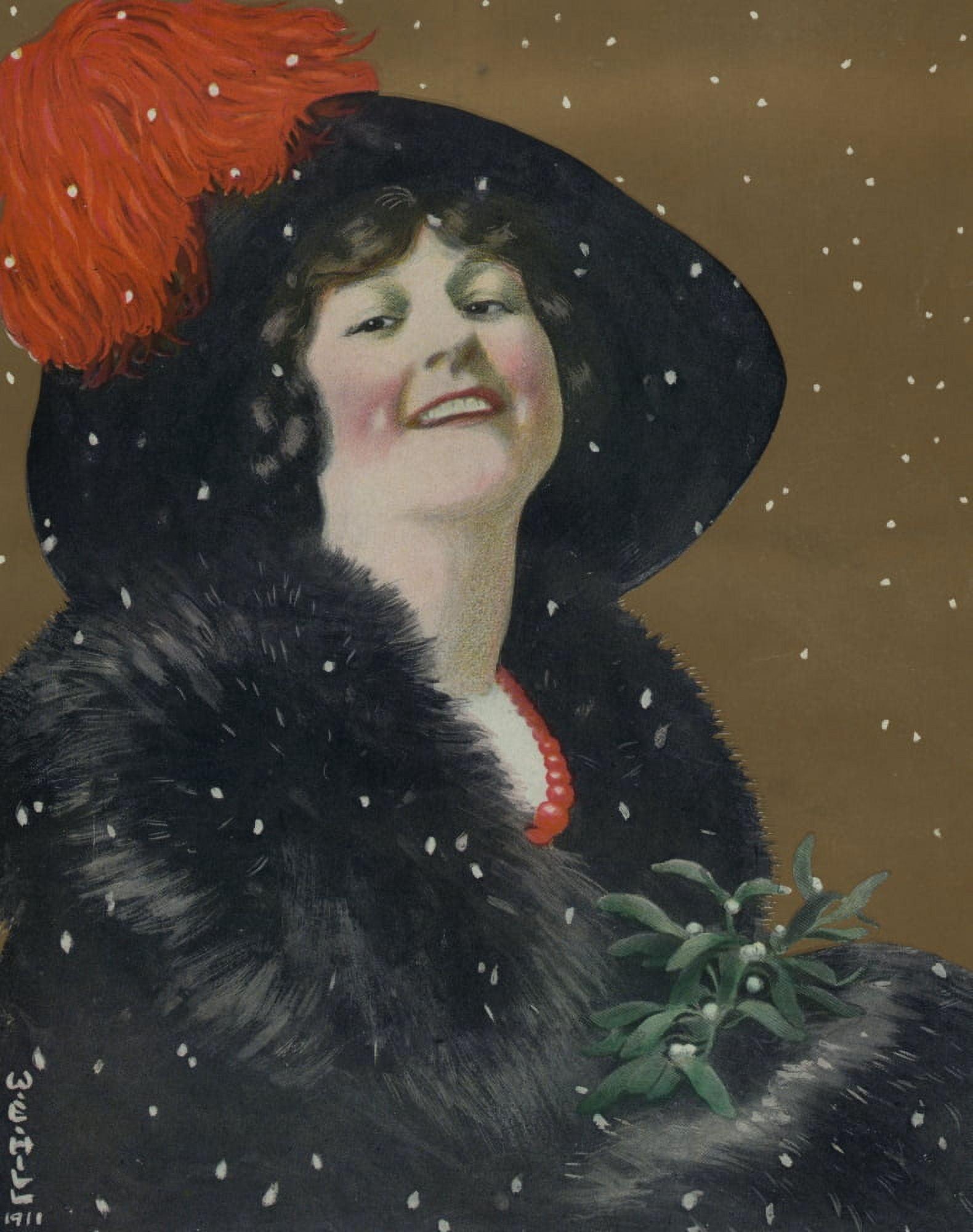 Puck 1911 Lady with mistletoe Canvas Art - William Ely Hill (18 x 24)