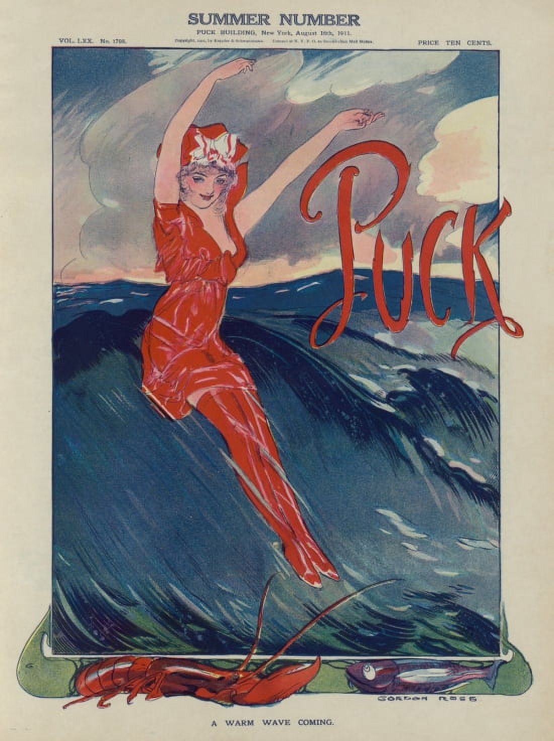 Puck Girl In Red Riding Wave Vintage 1911 Canvas Art - (24 x 36)