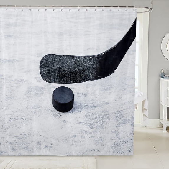Puck Hockey Bathroom Shower Curtain Set Ice Hockey Sports Games Shower Curtain for Puck Hockey Player Winter Sports White Bath Curtain 72"x72" Kids Bathroom Accessories