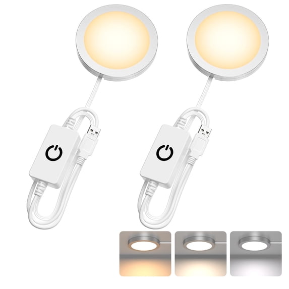 Puck Lights 2 Pack - 5V USB Powered Under Cabinet Light with Adjustable 3 Color Temperature & Dimmable Features - Ideal LED Lamp Kit for Cabinets, Wardrobes, and Showcases