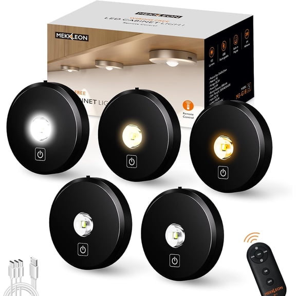 Puck Lights Cordless with Remote Control, 2200mAh Recharable Under Counter Lighting,3 Color Temperatures Dimmable Under Cabinet,Closet Light,Tap Light for Hallway (Black, 5PCS)
