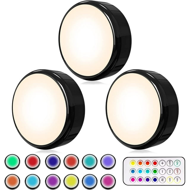 Puck Lights with Remote, 16 Colors Changeable LED Push Lights Battery Operated New Upgrade Black