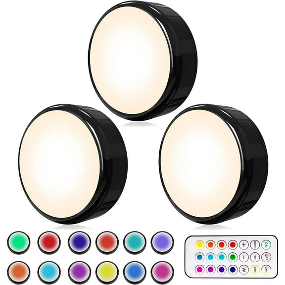 Puck Lights with Remote, 16 Colors Changeable LED Push Lights Battery Operated New Upgrade Black Dimmable Under Cabinet Lighting Wireless Under Counter Light, with Timing Function, 3 Pack