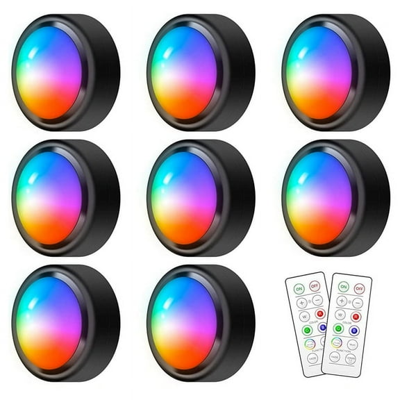 Puck Lights with Remote,16 Colors RGB LED Under Cabinet Lights Wireless, Battery Operated Puck Lights for Closet,Bedroom,8 x Night light 2 x Remote control,Black