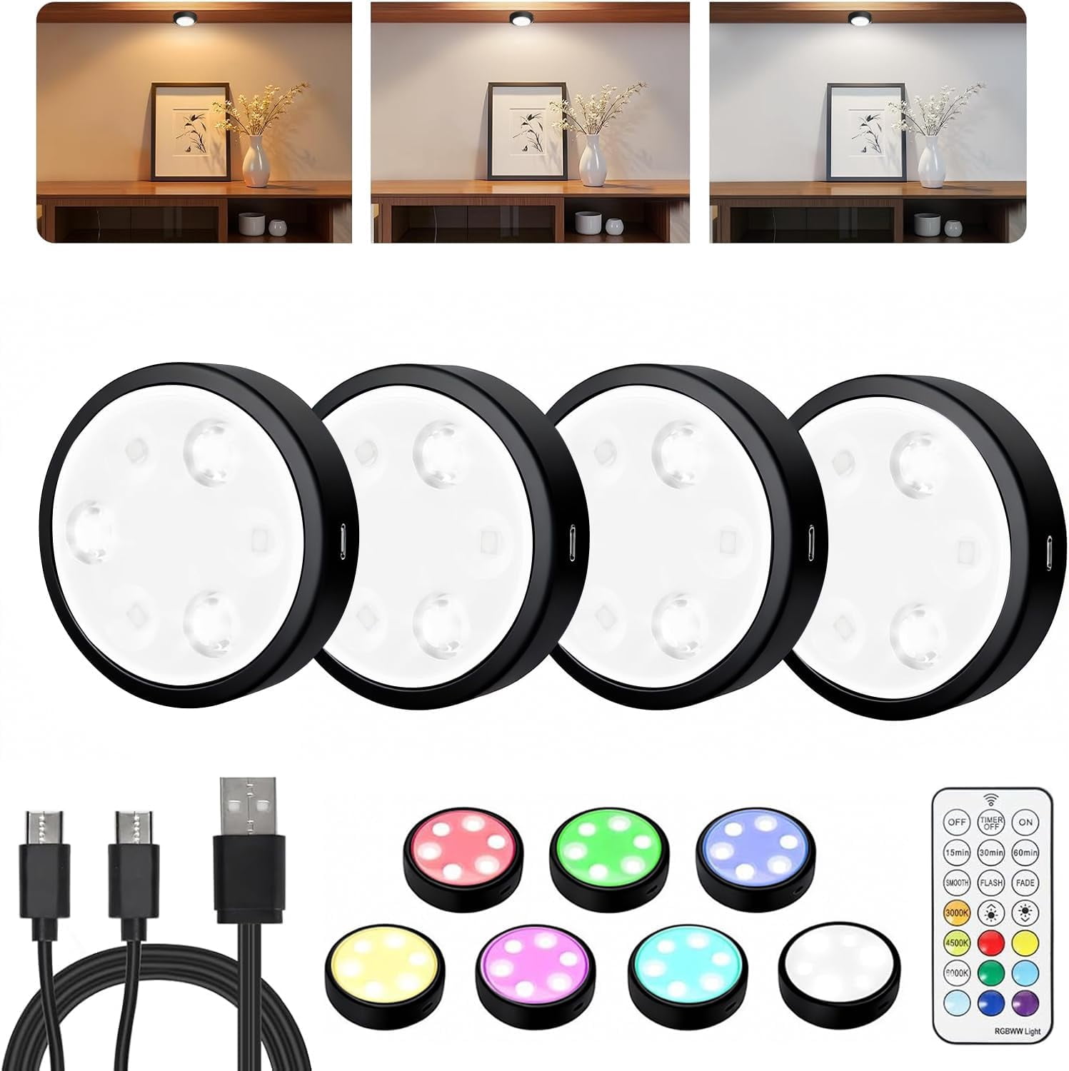 Puck Lights with Remote, 2000mAh Battery Operated Rechargeable Under Cabinet Lighting, 3 Color Temps & 7 RGB Colors, Magnetic Closet Light, Black Wireless Light for Kitchen, Shelf.