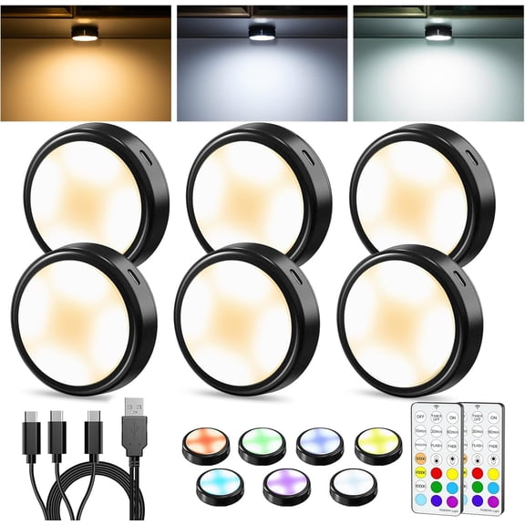 Puck Lights with Remote, Under Cabinet Lights,2000mAh Operated Closet Lights, Under Cabinet Lighting , 3 Color Temps &7 Colors, Black Puck Lights.