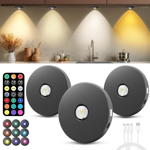 Puck Lights with Remote Control, 2000mAh Cabinet Light, Under Counter Tap Light , Display Cabinet, Shelf, Closet,Dimmable,,Push Lights Operated, (Black, 3 count)