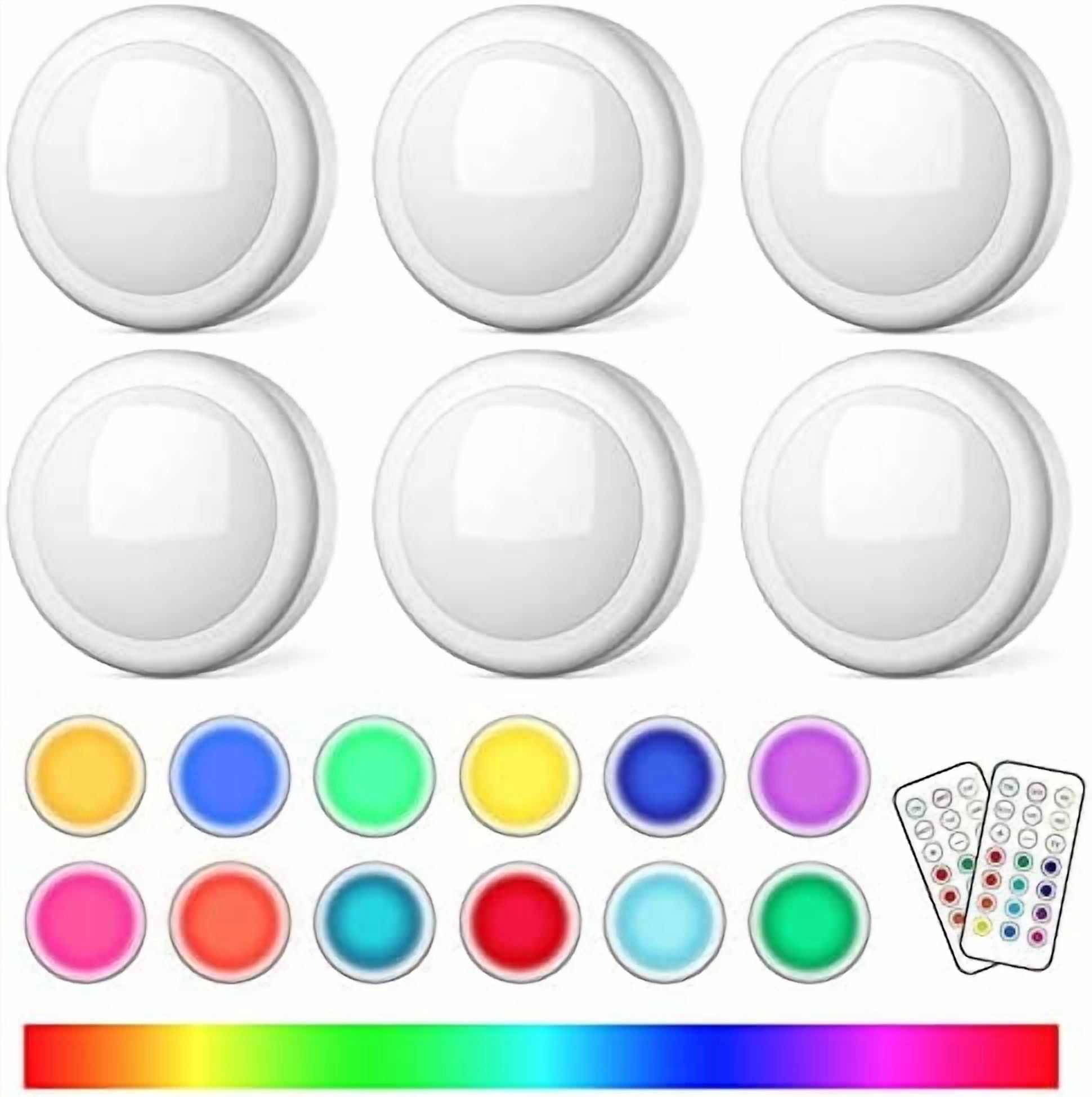 Puck Lights with Remote Control, Battery Operated LED Push Light Wireless, 13 Color RGB - for Closet, Bedroom Wall, Under Cabinet, Battery Powered Puck Lights. Convenient 3M Stick On, 6 Pack