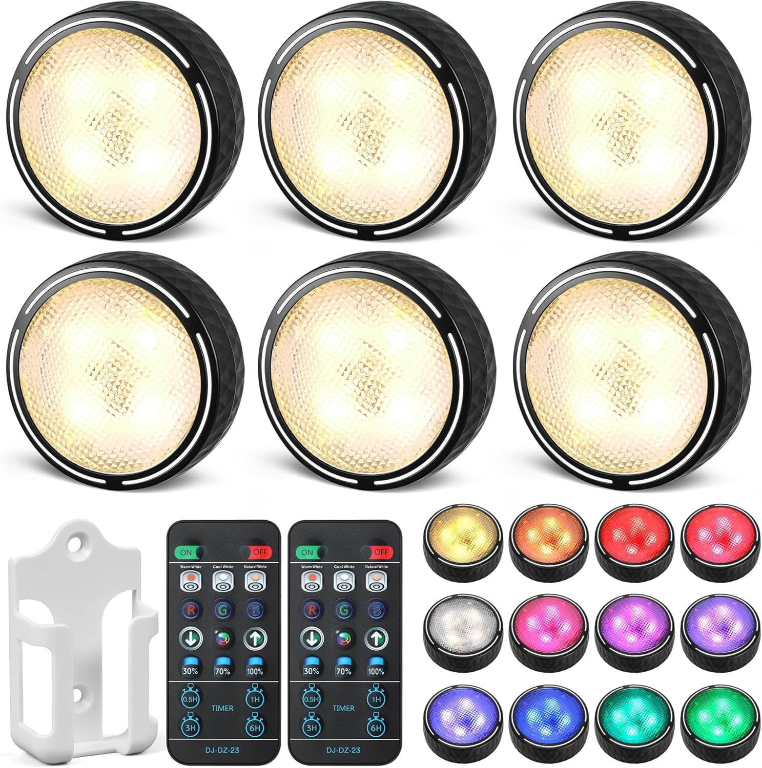 Puck Lights with Remote Control Battery Operated Wireless LED Under Cabinet Lighting Warm White & RGB Color Changing Stick on Tap Push Light for Kitchen Counter Shelf Closet 6 Pack Black