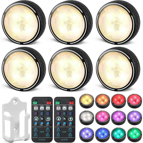 Puck Lights with Remote Control Battery Operated Wireless LED Under Cabinet Lighting Warm White & RGB Color Changing Stick on Tap Push Light for Kitchen Counter Shelf Closet 6 Pack Black
