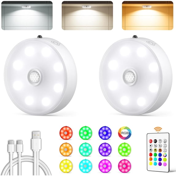 Puck Lights with Remote Control,  Under Cabinet Lighting, 3 Color Temps, 12  Color  Motion Sensor Lights , Dimmable Tap Lights for Closet, Kitchen, Shelf, Stair