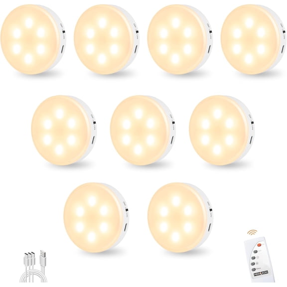 Puck Lights with Remote Control, Under Cabinet Lighting with  and Cordless, 1200mAh  Closet Lights   Lights for Under Cabinet,Hallway, Stairway,Closet (Warm White,9pcs)